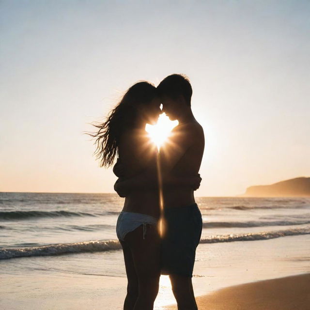 A girl and boy hugging each other on the beach, showered with intense sunlight coming from both the front and back, creating a mesmerizing radiant silhouette