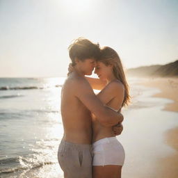 A girl and boy hugging each other on the beach, bathed in intense sunlight from front and back