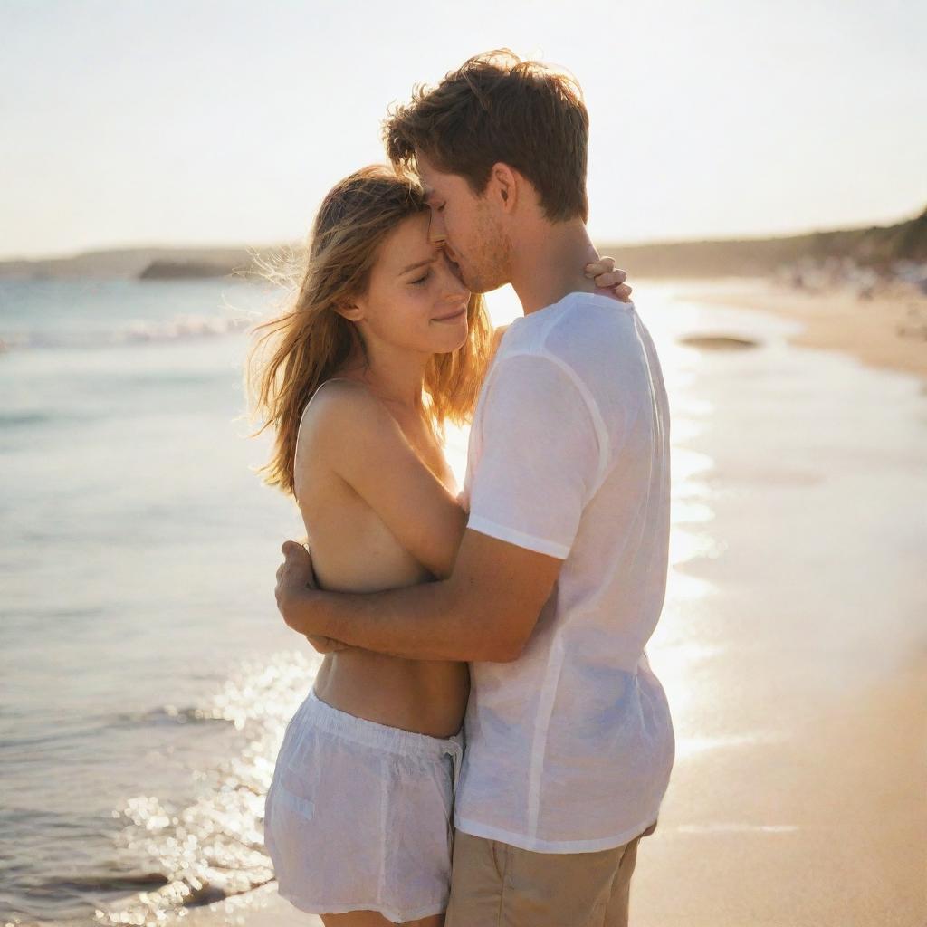 A girl and boy hugging each other on the beach, bathed in intense sunlight from front and back