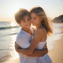 A girl and boy hugging each other on the beach, bathed in intense sunlight from front and back