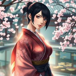 A captivating artistic portrait of a female character inspired by Soifon from Bleach, depicted in an elegant and powerful pose