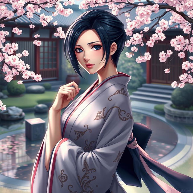 A captivating artistic portrait of a female character inspired by Soifon from Bleach, depicted in an elegant and powerful pose