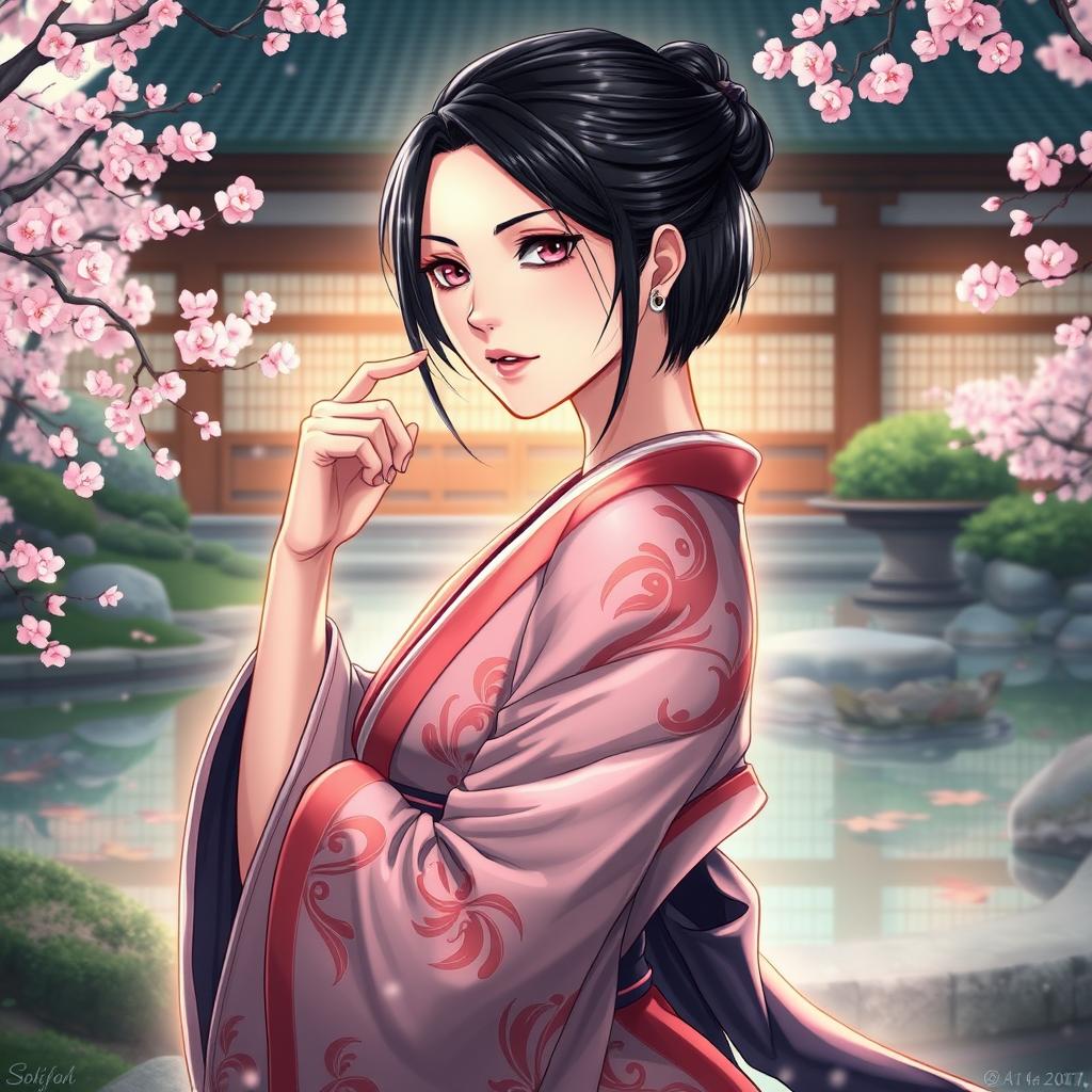 A captivating artistic portrait of a female character inspired by Soifon from Bleach, depicted in an elegant and powerful pose