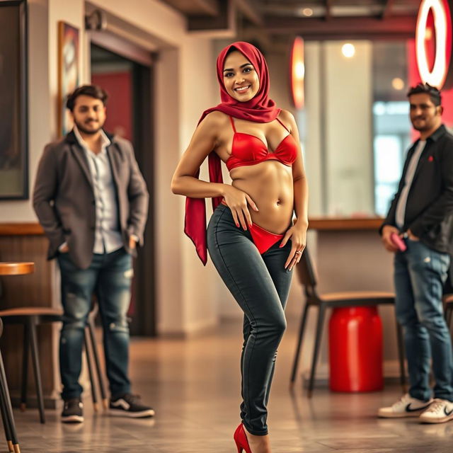 A stunning and confident woman wearing a stylish hijab, elegantly showcasing a red bra and high heels