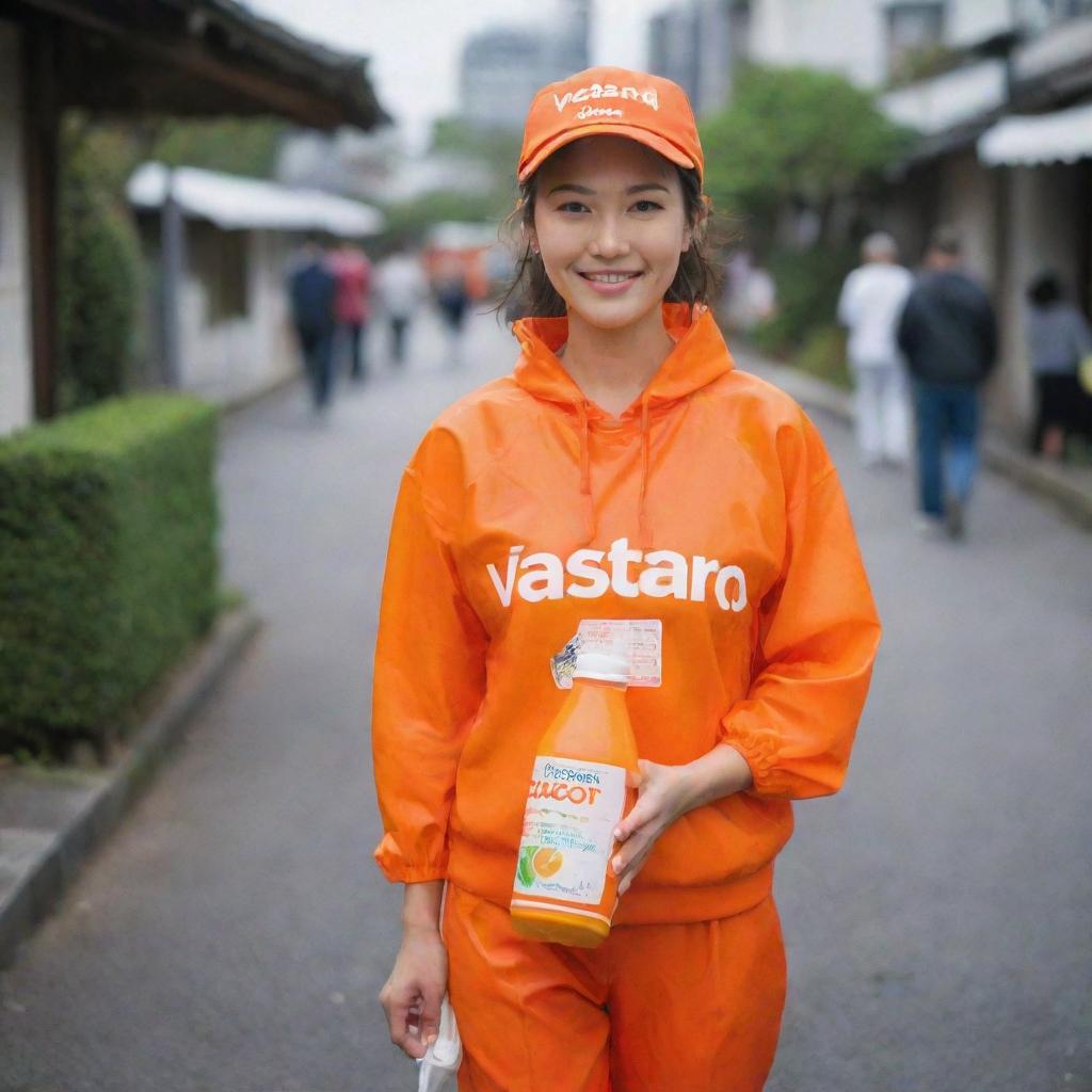 A beautiful Japanese woman carrying a plastic bottle of orange juice