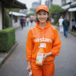 A beautiful Japanese woman carrying a plastic bottle of orange juice