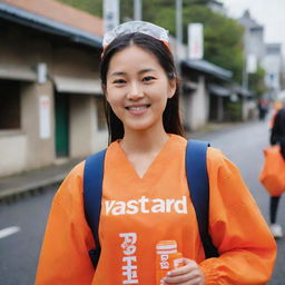 A beautiful Japanese woman carrying a plastic bottle of orange juice