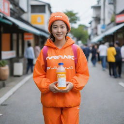 A beautiful Japanese woman carrying a plastic bottle of orange juice