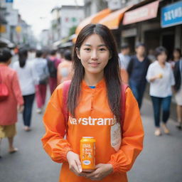 A beautiful Japanese woman carrying a plastic bottle of orange juice