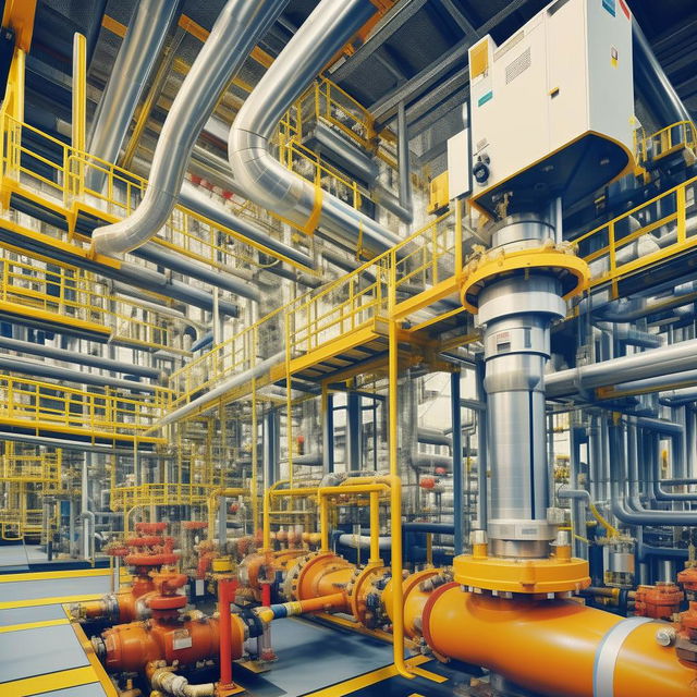 A highly detailed view of a gas pressure reduction and measurement station, showcasing the technical equipment and pipelines in a professional, industrial setting.