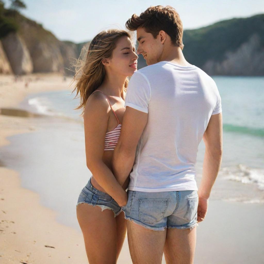 An attractive girl in tight shorts hugging a boy on the beach, bathed in intense sunlight both from front and back