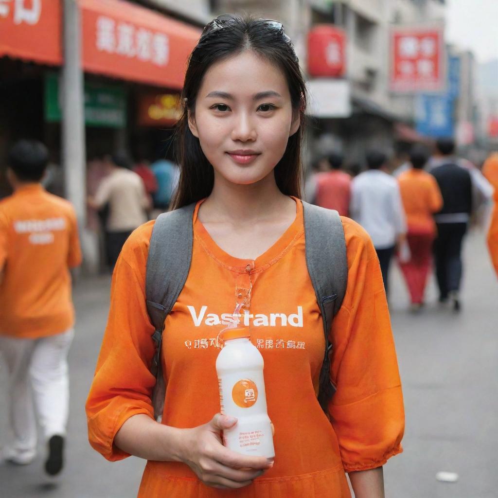 A stunning Chinese woman carrying a plastic bottle of orange juice, dressed in an orange outfit with the word 'vastrand' inscribed on it