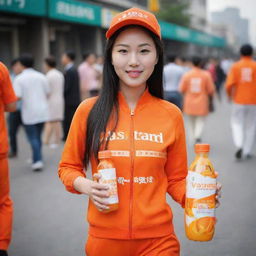 A stunning Chinese woman carrying a plastic bottle of orange juice, dressed in an orange outfit with the word 'vastrand' inscribed on it