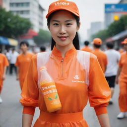 A stunning Chinese woman carrying a plastic bottle of orange juice, dressed in an orange outfit with the word 'vastrand' inscribed on it