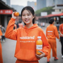 A stunning Chinese woman carrying a plastic bottle of orange juice, dressed in an orange outfit with the word 'vastrand' inscribed on it