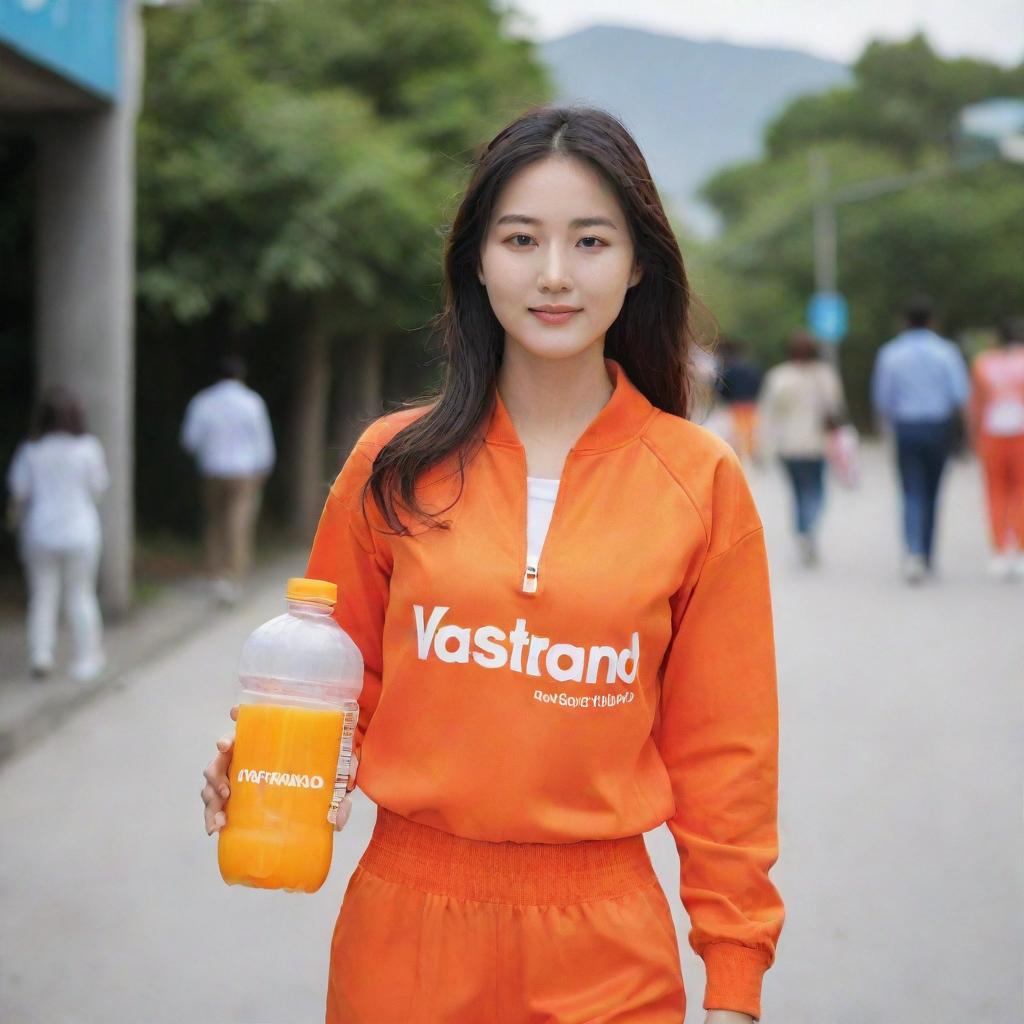 A beautiful Korean woman carrying a plastic bottle of orange juice, she is wearing an orange outfit with the word 'vastrand' printed on it