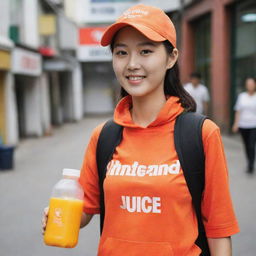 A beautiful Korean woman carrying a plastic bottle of orange juice, she is wearing an orange outfit with the word 'vastrand' printed on it