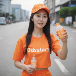 A beautiful Korean woman carrying a plastic bottle of orange juice, she is wearing an orange outfit with the word 'vastrand' printed on it