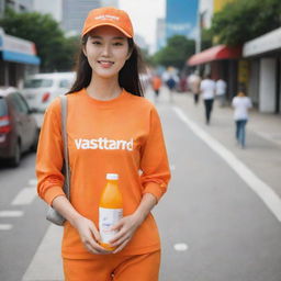 A beautiful Korean woman carrying a plastic bottle of orange juice, she is wearing an orange outfit with the word 'vastrand' printed on it