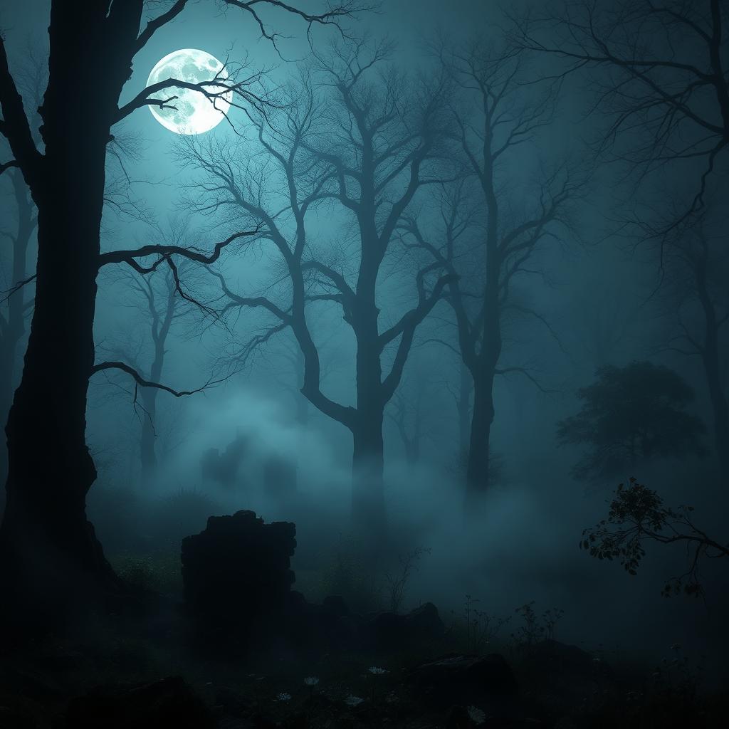 A dark and atmospheric scene depicting a mysterious fog-covered forest at night, with towering ancient trees silhouetted against a full moon