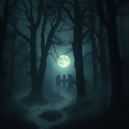A dark and atmospheric scene depicting a mysterious fog-covered forest at night, with towering ancient trees silhouetted against a full moon