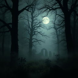 A dark and atmospheric scene depicting a mysterious fog-covered forest at night, with towering ancient trees silhouetted against a full moon