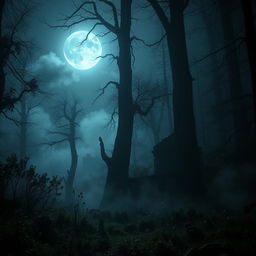 A dark and atmospheric scene depicting a mysterious fog-covered forest at night, with towering ancient trees silhouetted against a full moon
