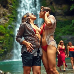 A sensual woman inspired by the looks of Nushrat Bharucha, wearing a bikini bottom and bold red lipstick