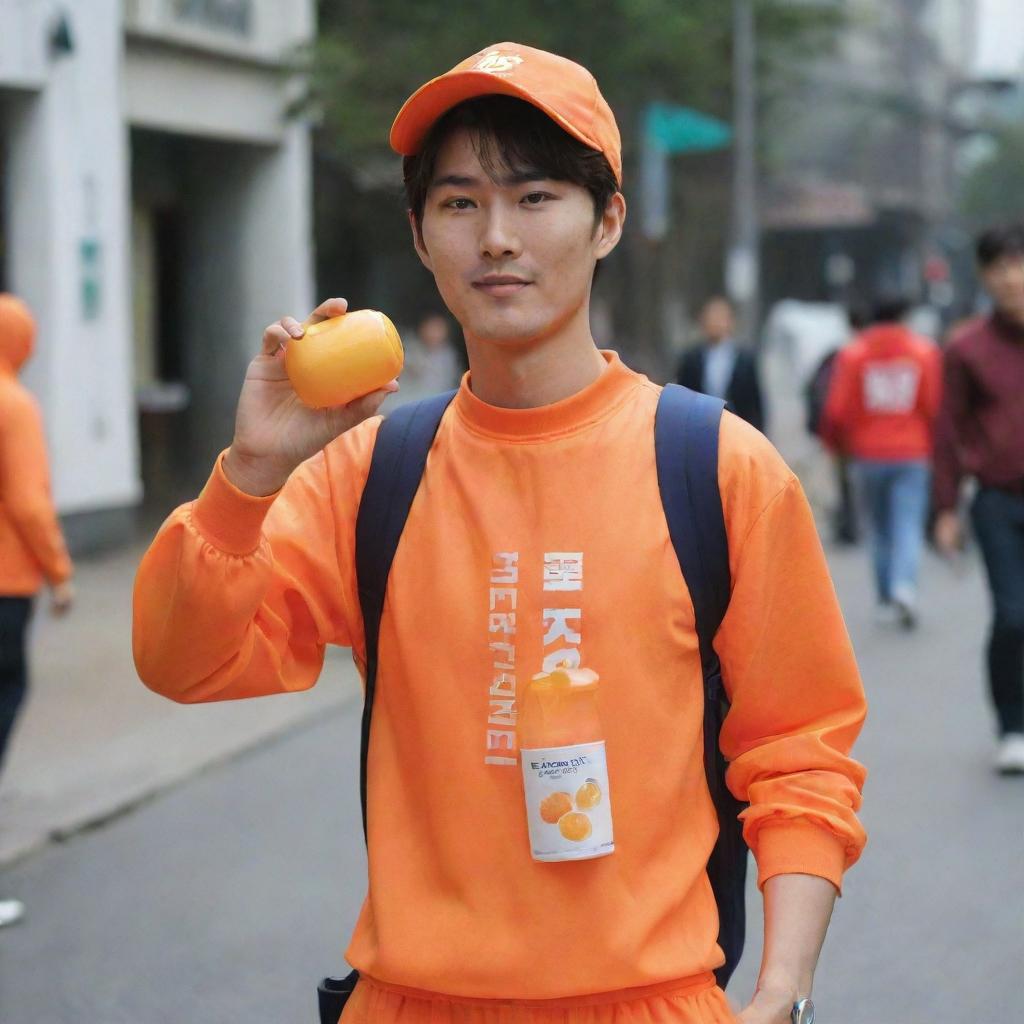 A handsome Korean man carrying a plastic bottle of orange juice, wearing an orange outfit with the word 'vastrand' imprinted on it