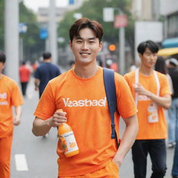 A handsome Korean man carrying a plastic bottle of orange juice, wearing an orange outfit with the word 'vastrand' imprinted on it