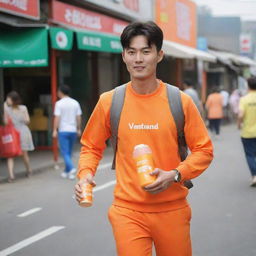 A handsome Korean man carrying a plastic bottle of orange juice, wearing an orange outfit with the word 'vastrand' imprinted on it