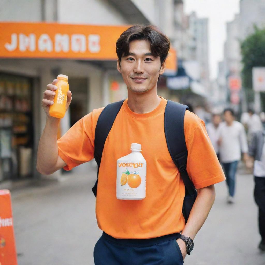 A handsome Korean man carrying a plastic bottle of orange juice, wearing an orange outfit with the word 'vastrand' imprinted on it