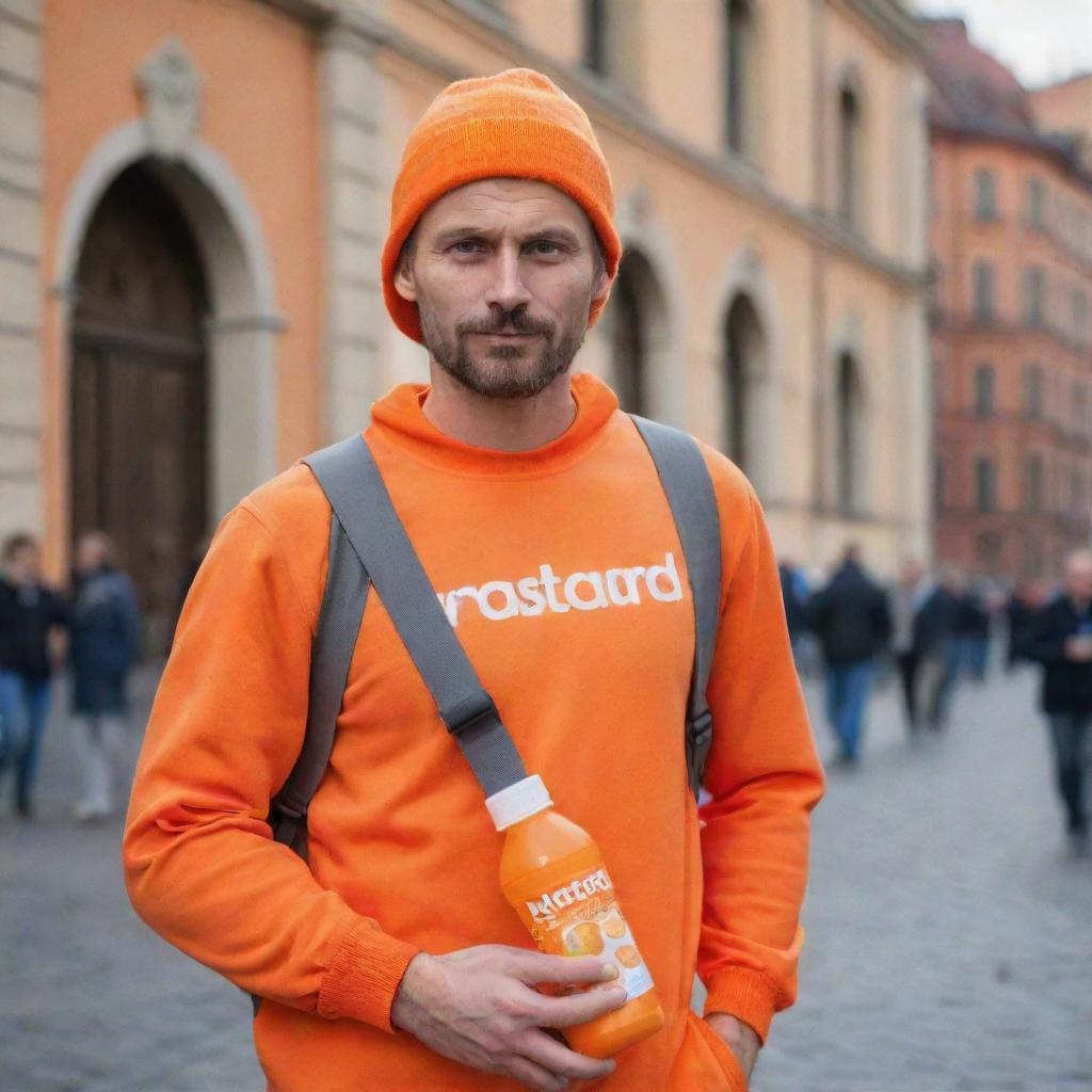 A handsome Russian man carrying a plastic bottle of orange juice, dressed in an orange outfit with the word 'vastrand' displayed on it