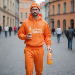 A handsome Russian man carrying a plastic bottle of orange juice, dressed in an orange outfit with the word 'vastrand' displayed on it