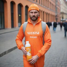 A handsome Russian man carrying a plastic bottle of orange juice, dressed in an orange outfit with the word 'vastrand' displayed on it