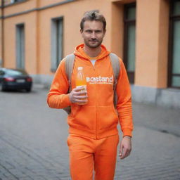 A handsome Russian man carrying a plastic bottle of orange juice, dressed in an orange outfit with the word 'vastrand' displayed on it