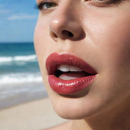 The best moment of a person's lips being captured in high definition, against the backdrop of a spectacular beach.