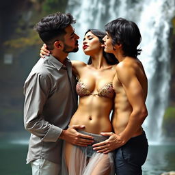 A sensual woman inspired by Nushrat Bharucha, wearing a transparent skirt and bold red lipstick