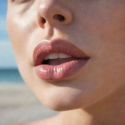 The best moment of a person's lips being captured in high definition, against the backdrop of a spectacular beach.