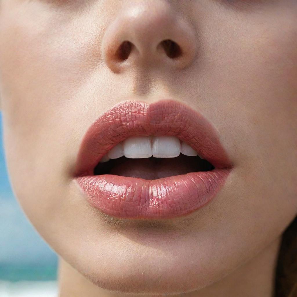 The best moment of a person's lips being captured in high definition, against the backdrop of a spectacular beach.