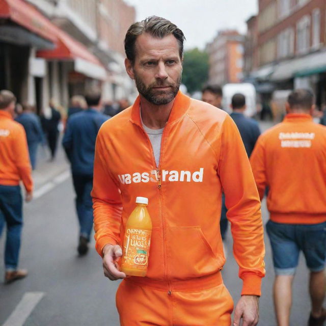 A handsome American man carrying a plastic bottle of orange juice, donned in an orange outfit with the word 'vastrand' printed on it