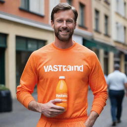 A handsome American man carrying a plastic bottle of orange juice, donned in an orange outfit with the word 'vastrand' printed on it