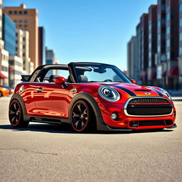 A striking design of a red metallic Mini Cooper convertible, featuring a futuristic body kit and wide wheels
