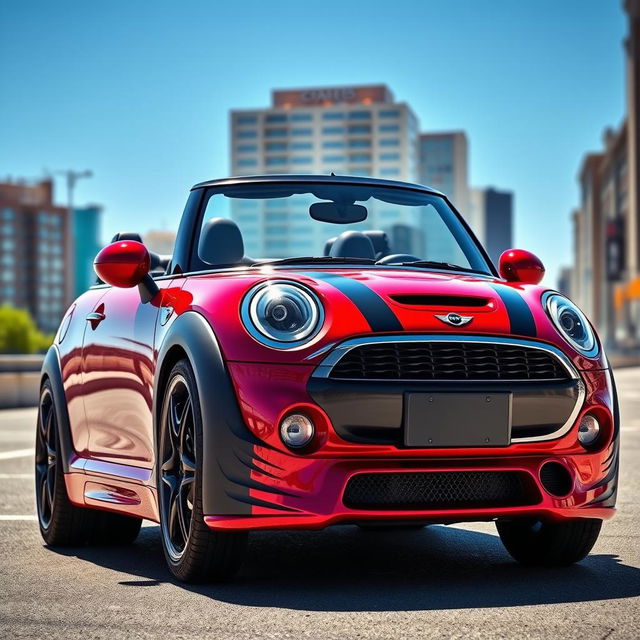 A striking design of a red metallic Mini Cooper convertible, featuring a futuristic body kit and wide wheels