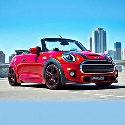 A striking design of a red metallic Mini Cooper convertible, featuring a futuristic body kit and wide wheels