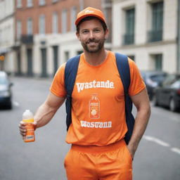 A handsome American man carrying a plastic bottle of orange juice, donned in an orange outfit with the word 'vastrand' printed on it