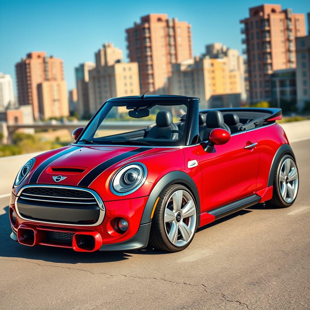 A striking design of a red metallic Mini Cooper convertible, featuring a futuristic body kit and wide wheels