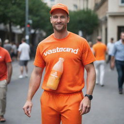 A handsome American man carrying a plastic bottle of orange juice, donned in an orange outfit with the word 'vastrand' printed on it