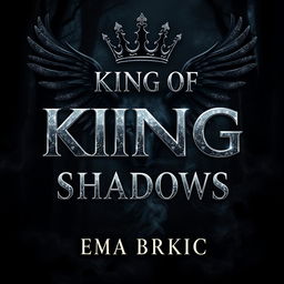 A visually striking book cover for 'King of Shadows', featuring the title prominently displayed in shiny metallic letters that reflect light, creating an eye-catching focal point