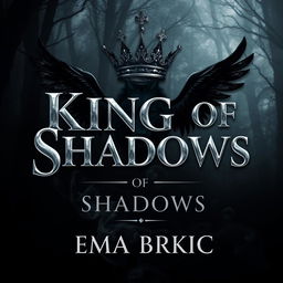 A visually striking book cover for 'King of Shadows', featuring the title prominently displayed in shiny metallic letters that reflect light, creating an eye-catching focal point